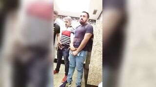 Toilet gay threesome between hot horny strangers