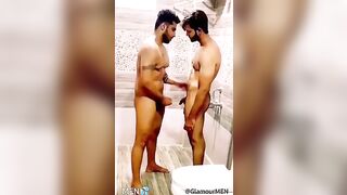 Kissing naked men wanking dick together